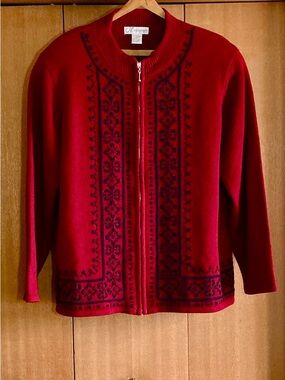 Deep Red Zip-Up Cardigan with Black Embroidered Panels